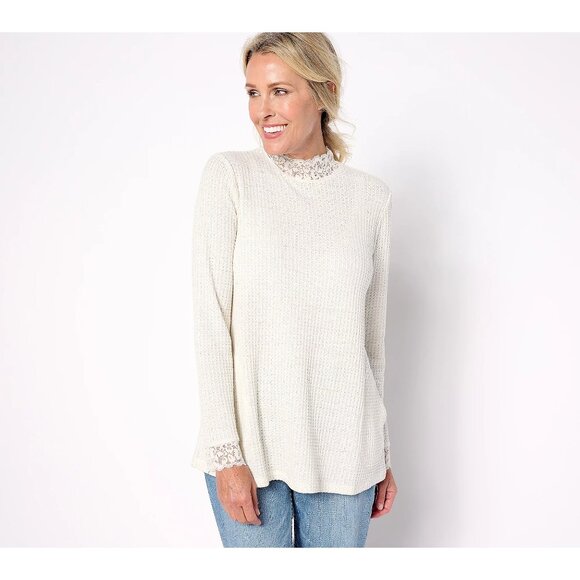 LOGO by Lori Goldstein Metallic Waffle Knit Mock Neck Top Size Medium Lace Cozy - Picture 1 of 8